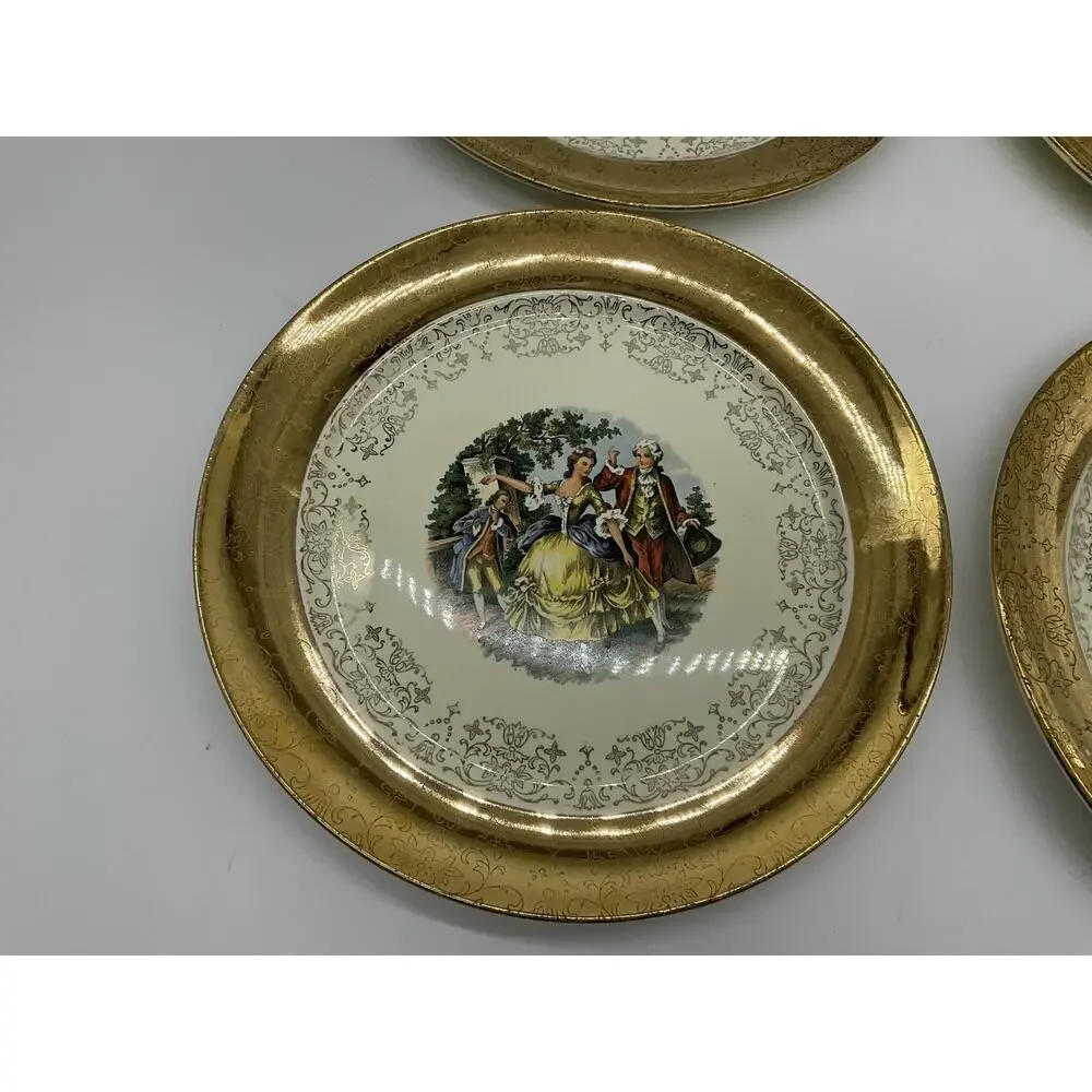 Vintage Sabin Crest-O-Gold Dinner Plates Set 4 Gold Courting Couple Rococo USA‎